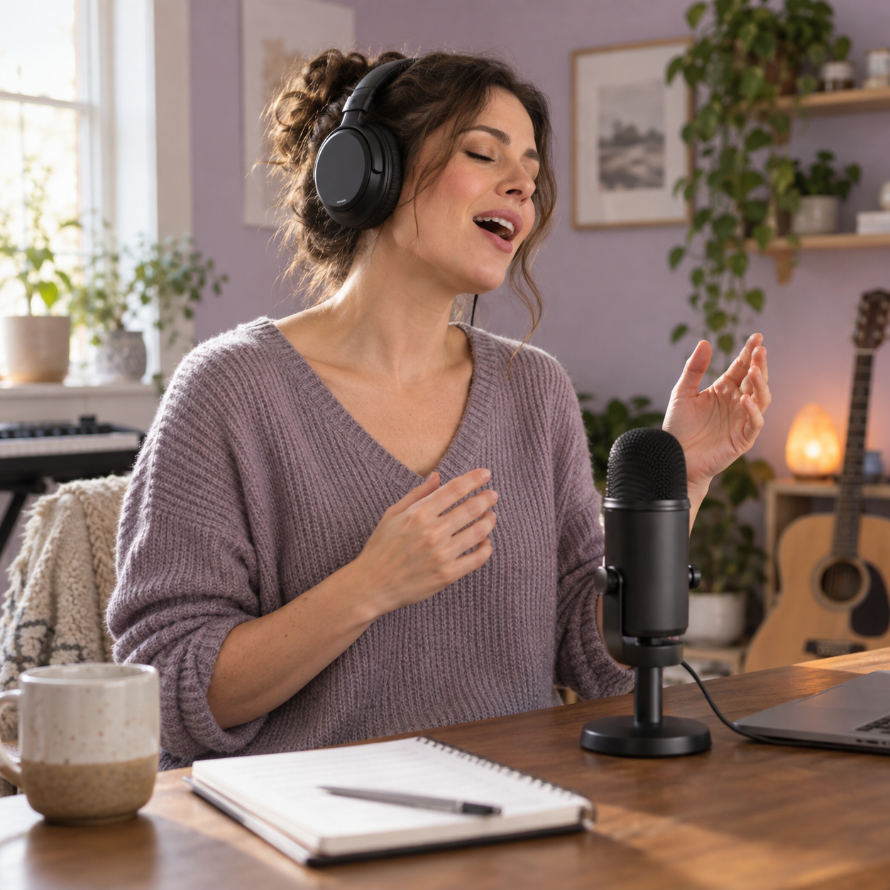 Illustrative scene of an adult practising singing at home with headphones and a microphone